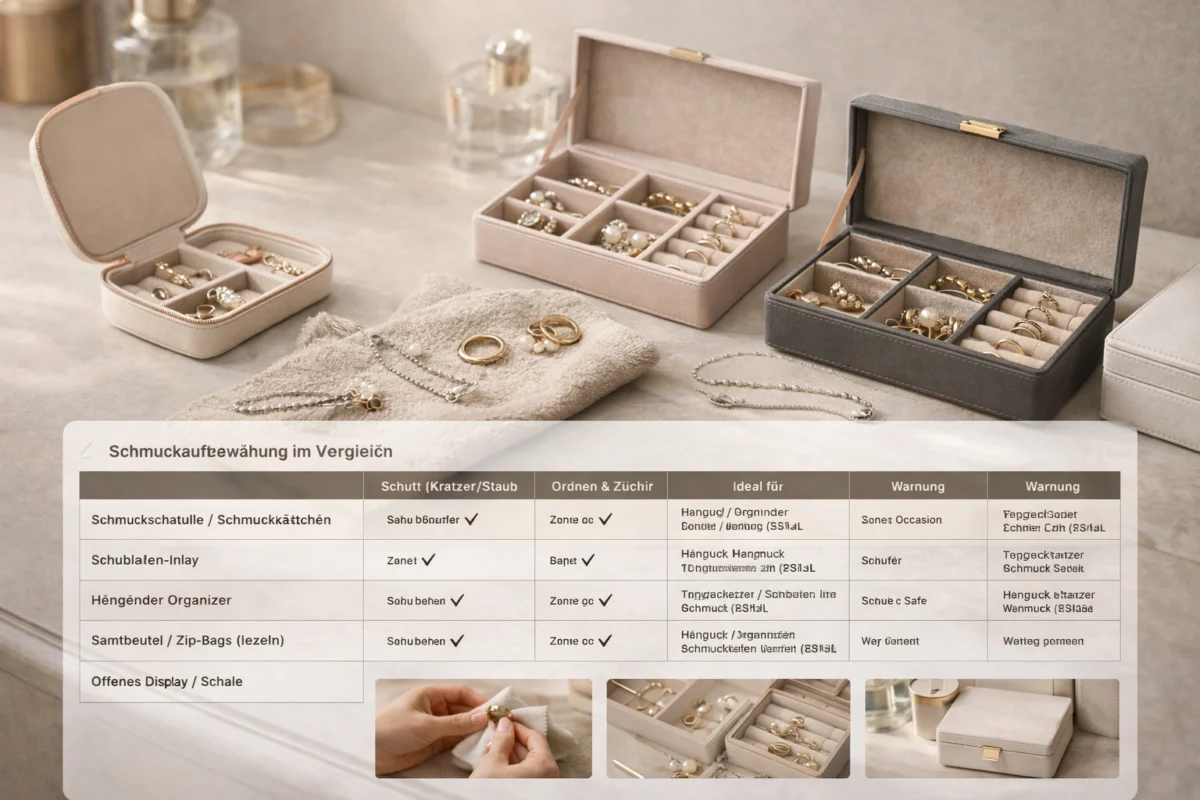 Schmuck geordnet in mehreren Schmuckkästchen mit Fächern: Ringe, Ketten und Ohrringe sauber getrennt aufbewahrt – ideale Schmuckaufbewahrung zuhause.
