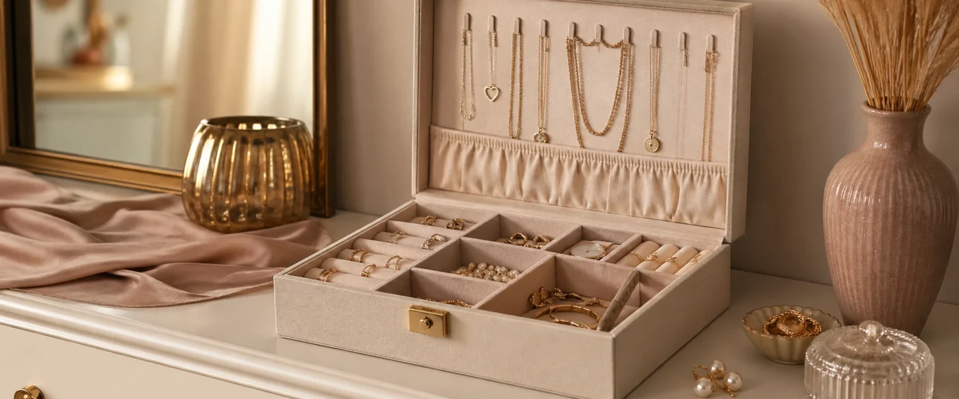 Schmuck richtig aufbewahren in Schmuckkästchen – geordnete Ringe, Ketten und Ohrringe auf einer Kommode