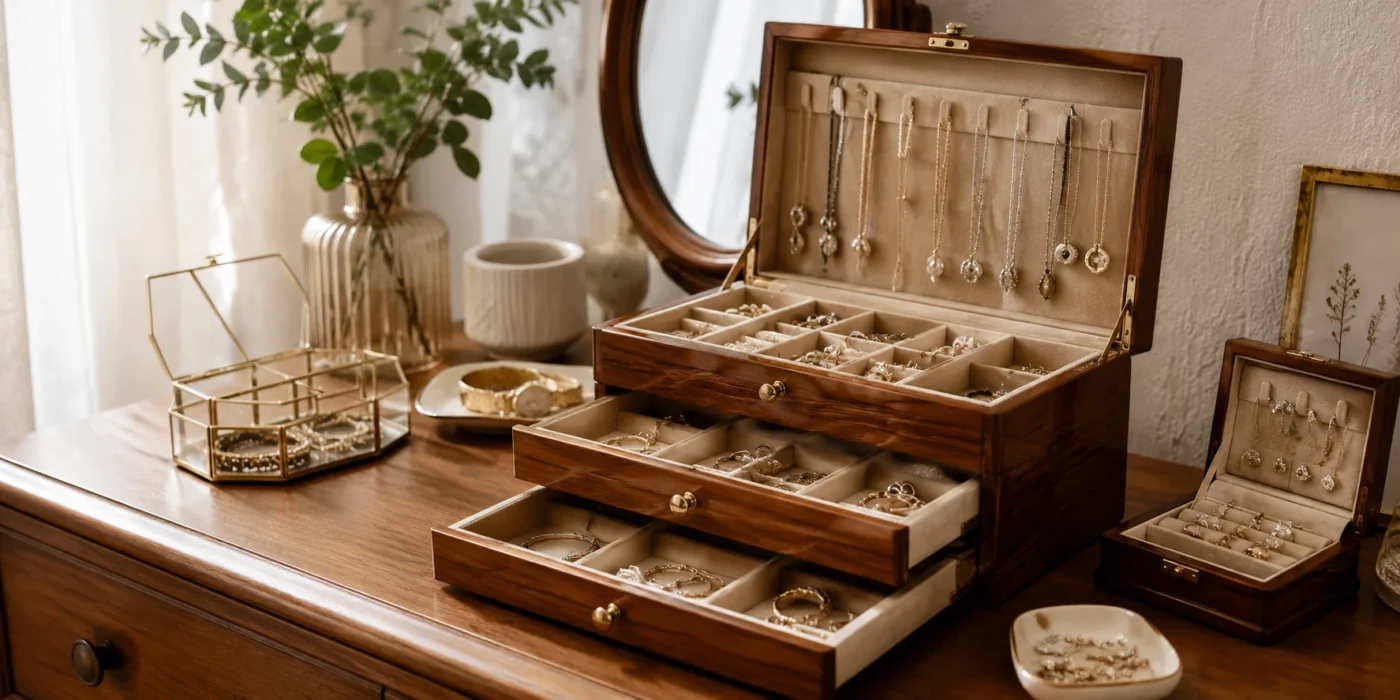 Kreative Ideen zur Schmuckaufbewahrung mit Schmuckkästchen, Ketten, Ringen und Ohrringen auf einer eleganten Kommode