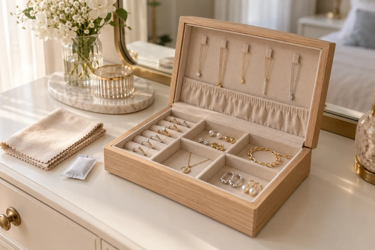 Frisch gereinigter Schmuck aus Silber und Gold, getrennt aufbewahrt in einem Schmuckkästchen aus Holz mit Samtfutter und Fächern